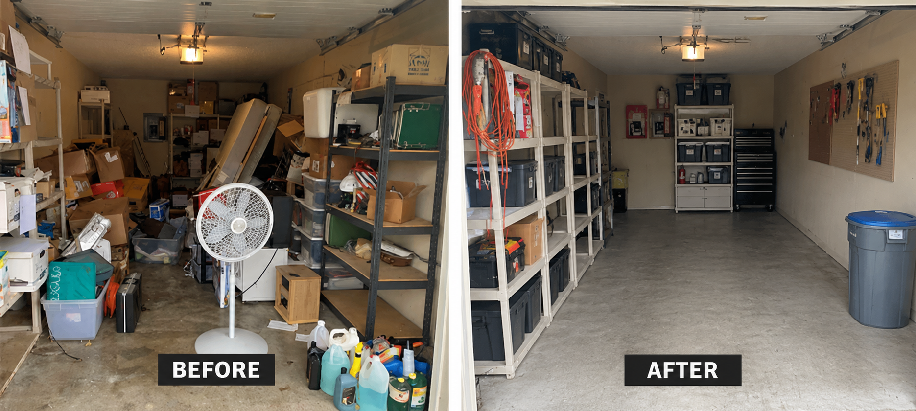 Before and after garage cleanout showing garage transformation
